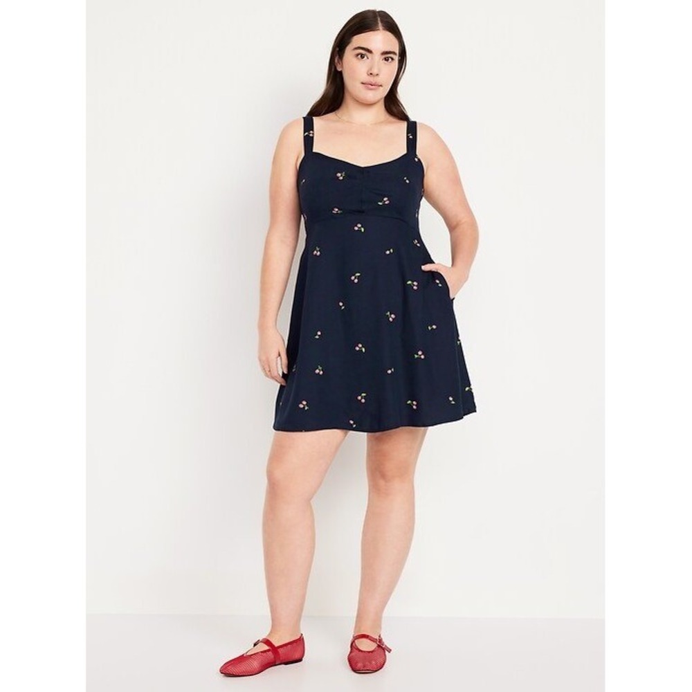 Old Navy Cami Mini Dress Navy Cherry Print Smocked Back Size L Coquette Dollette